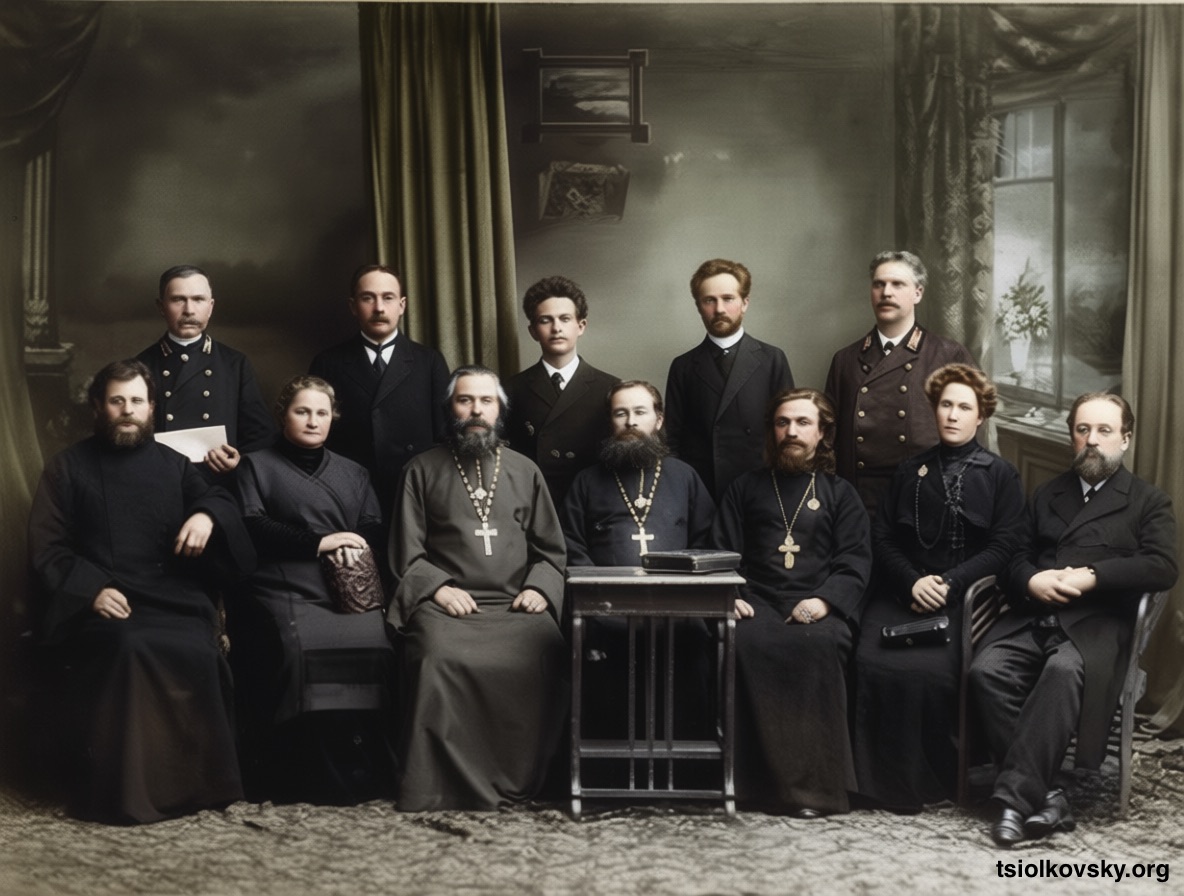 К. Э. Циолковский (крайний справа) среди преподавателей Калужского епархиального женского училища. 1914 г.